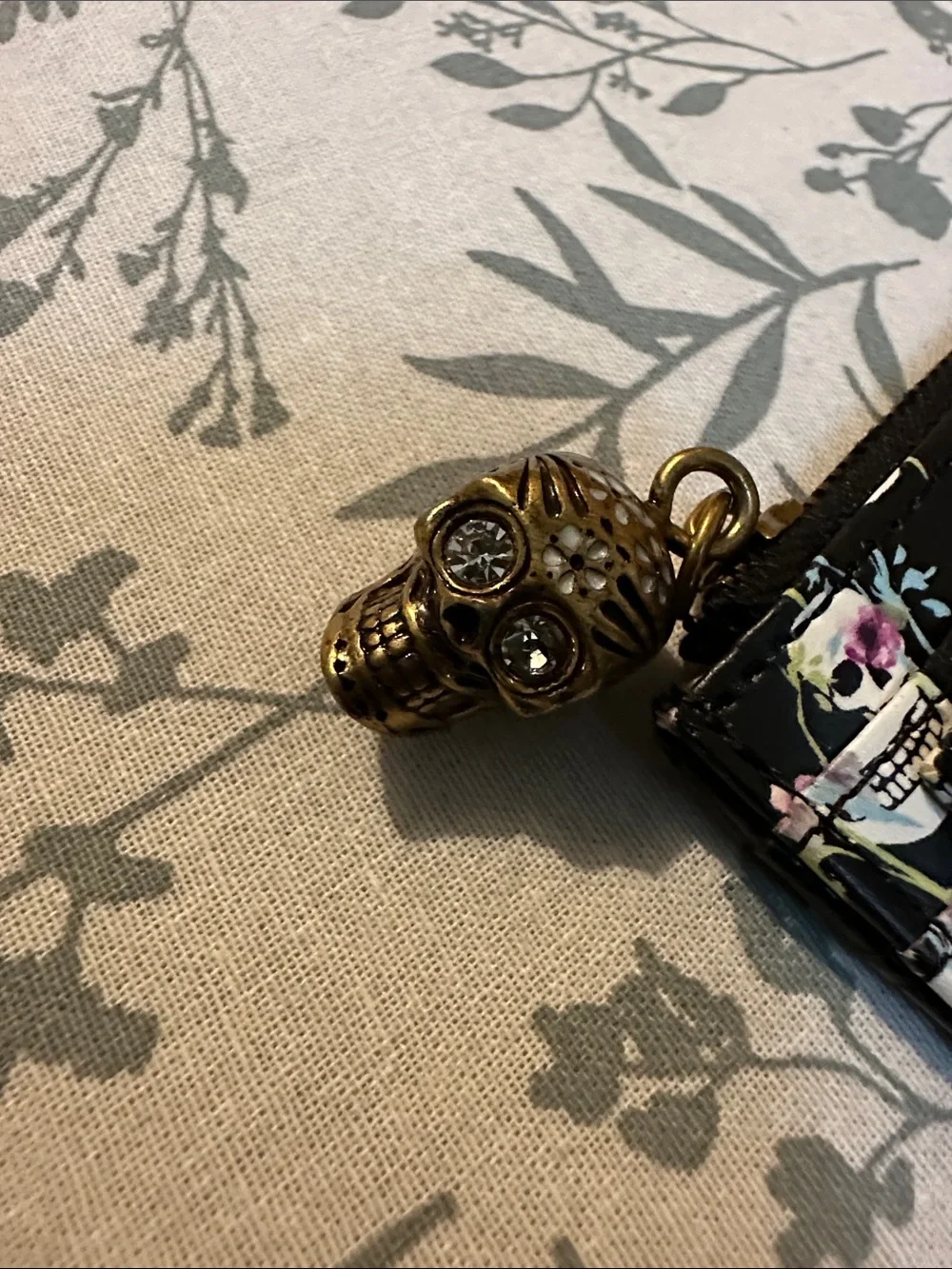 Betsey Johnson Black Floral Skull Zip Card Wallet with Gold Frame Accent